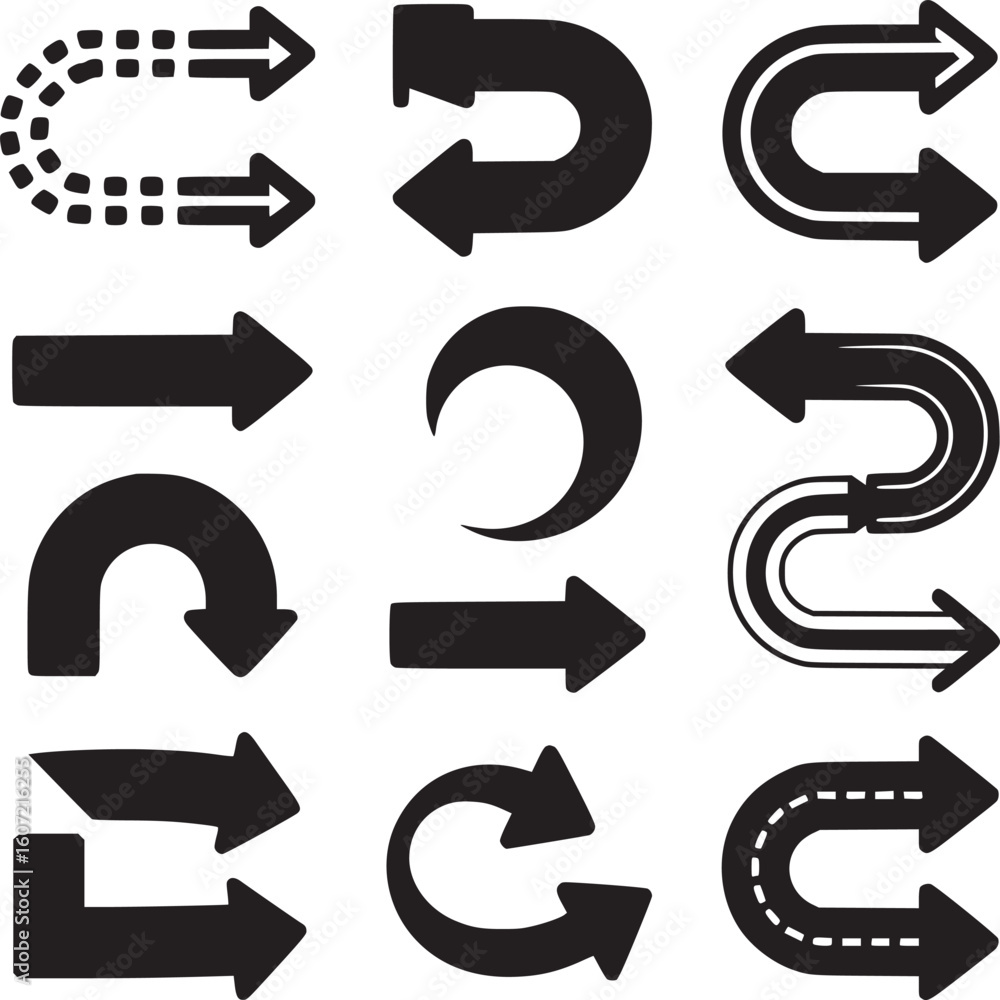 Poster collection of black arrow vector design elements for navigation direction and user interface design