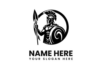 Spartan Warrior Silhouette with Spear and Shield in Circular Emblem.