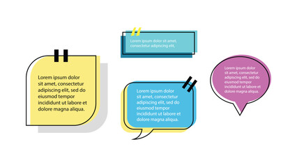 Five stylized speech bubblestext boxes yellow blue purple with  text and quotation marks on a white background