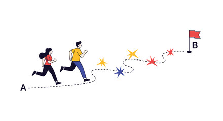 Two people racing towards a goal on a winding path filled with celebratory stars