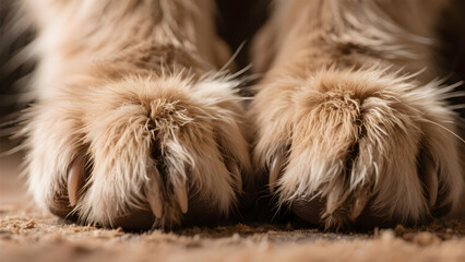 Obraz premium Close-up of a Golden Retriever's two legs and paws, showing their fur and color. The paws are thickly furred and appear soft. The claws are clearly visible.