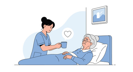 Compassionate caregiver assisting elderly patient with hydration and comfort in a homelike setting