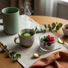 Healthy Breakfast with Matcha Tea and Berry Chia Pudding