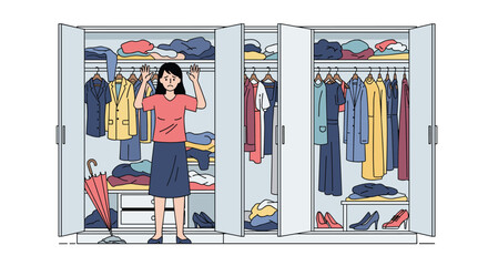 Woman organizing her abundant wardrobe deciding what outfit to wear from multiple clothing racks
