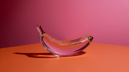 Unique glass banana sculpture rests on vibrant pink background symbolizing creativity and modern art forms