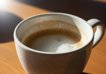Close-up of a White Ceramic Cup of Frothy Coffee