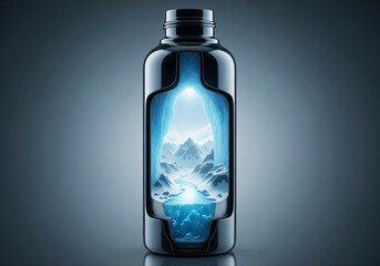 Futuristic Water Bottle with an Icy Mountain Landscape Inside