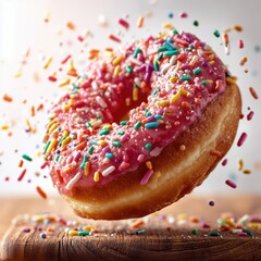 Whimsical food photo colorful strawberry-frosted donut floating over wood table