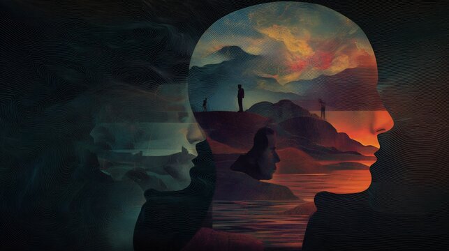 Dark themed conceptual forensic psychology illustration criminal profiling layered mindscape AI art moody emotional tones