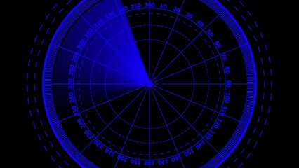 Blue radar screen with sweeping beam and degree markings