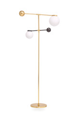 Elegant modern floor lamp featuring a sleek brass frame and three globe-shaped shades in white and...