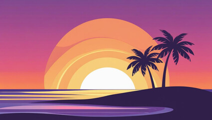 Retro Futuristic Summer Vacation Background with Palm Tree Silhouettes