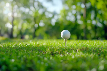 Golf ball on a white tee set in lush green grass with a sunlit, blurry forest background