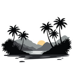 Tropical island sunset with palm trees and mountains vector