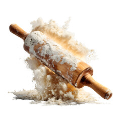 Rolling pin with flour in motion for recipe/menu ads, isolated against black