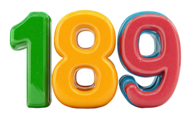 Colorful plastic numbers 189 in playful arrangement educational toy display bright environment isolated on transparent background