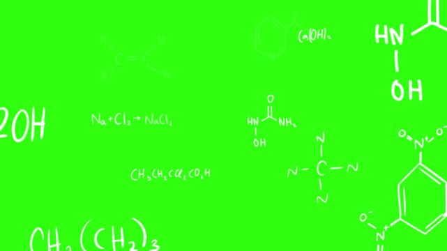 Chemical formulas, chemical symbols on green background