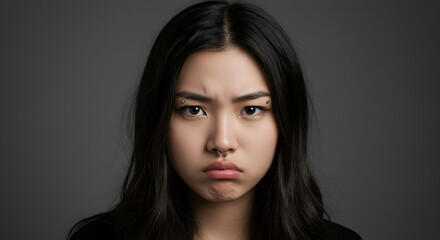 Fototapeta premium Portrait of a sad young asian woman with piercings, isolated on grey background