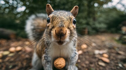 Obraz premium Close up of a curious squirrel with a nut in its paws and seeds on its face