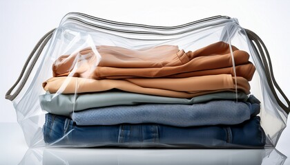 stacked clothes in a clear plastic bag on white background