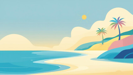 Stylized Tropical Beach Cove with Colorful Palm Trees and Hills
