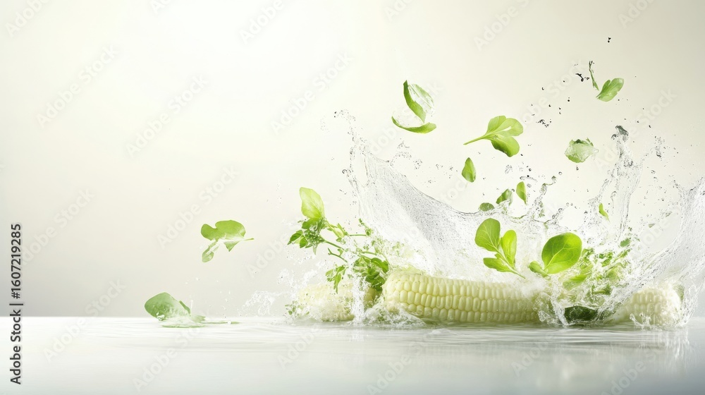 Poster fresh vegetables splash in water creating dynamic and refreshing scene with greenery and corn on a l