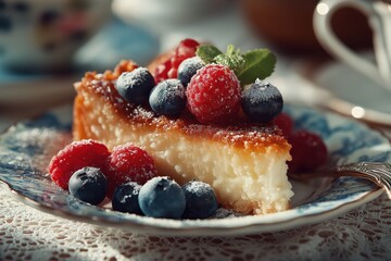 Golden Kasekuchen slice with berries served on lace table in afternoon light
