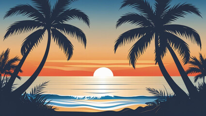 Tropical Beach Sunset with Palm Tree Silhouettes