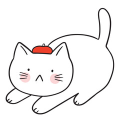 Playful White Cat with Red Beret Illustration