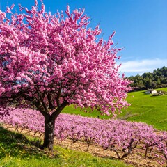 Blooming pink trees on a hillside