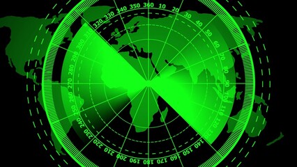 Green radar screen displaying world map and navigation lines