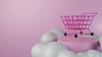 Pink Shopping Cart on Podium with Clouds
