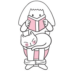 Girl Reading Book on Toilet with Cat