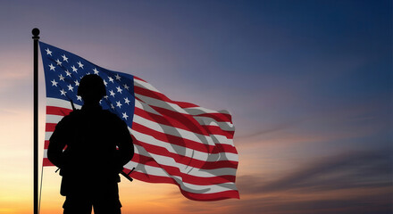 Soldier Silhouette Saluting American Flag at Sunset or Sunrise