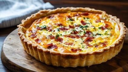 Baked savory tart with flaky crust, bacon, and cheese