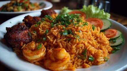 Delicious jollof rice with shrimp and grilled chicken served with fresh vegetables.