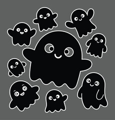 Cute black cartoon ghosts with happy faces and wavy bottoms halloween spooky