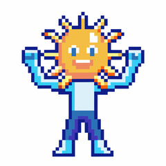 Fototapeta premium Pixel art cheerful sun character flexing arms animated sunny mascot, retro video game style, happiness, energy symbol