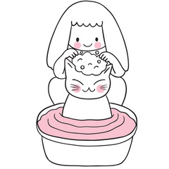 Cartoon Girl Giving Cat a Bath