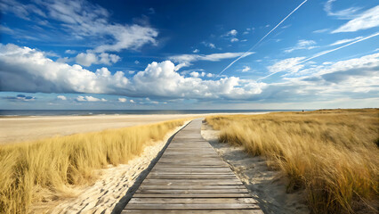 A wooden boardwalk, with a light brown hue and white edges, extends from the foreground into the distance, leading towards the sandy beach. 