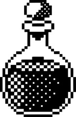 Fototapeta premium Pixel art potion bottle with cork stopper, retro 8 bit game asset vintage fantasy elixir container, black and white pixel design