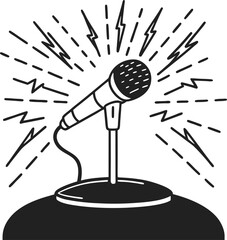 Retro microphone on stage emitting sound waves music, performance, concert, broadcasting, audio communication concept