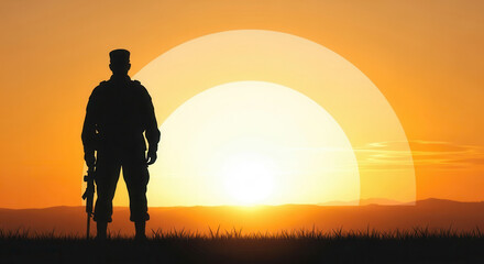 Soldier Silhouette Standing at Sunset or Sunrise Horizon