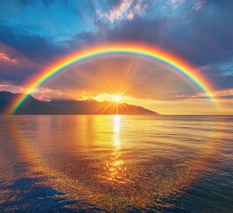 Dramatic rainbow arches over a calm sea at sunset