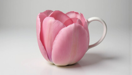 Ceramic mug in the shape of a blossoming pink tulip with delicate petals and a white handle on a soft, light background.