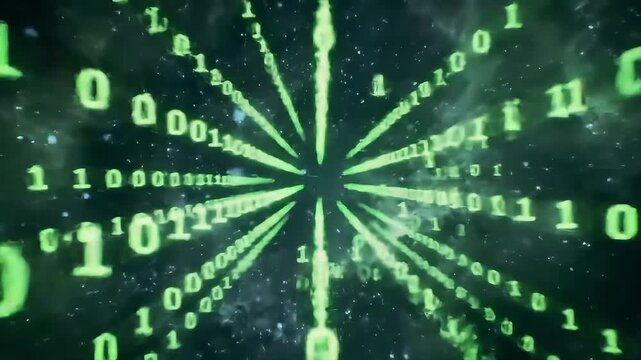 Green binary code streams converge, digital space background; data visualization