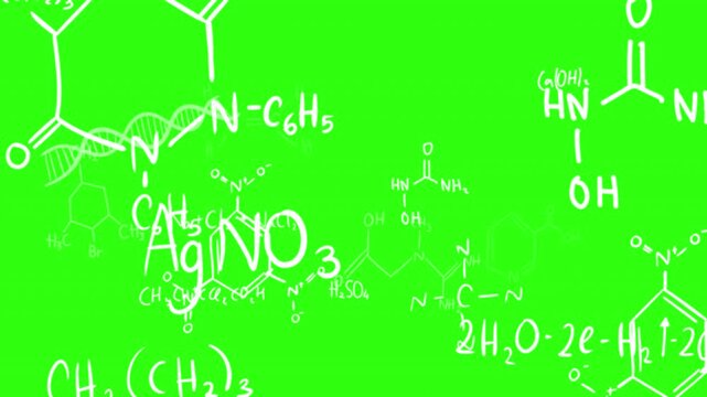 Chemical formulas, scientific symbols on green background, Camera flies through chemical formulas on background 