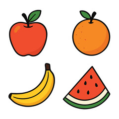 A vibrant set of isolated healthy fruits and vegetables with apple, banana, orange, pear, strawberry, cherry, and lemon icons on a white background