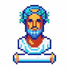 Fototapeta premium Ancient philosopher pixel art illustration with laurel wreath, white robe, and scroll retro 8 bit classic wisdom character
