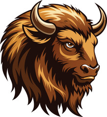 Fototapeta premium Majestic Bison Head, Wild Animal Portrait, Brown Fur, Powerful Horns, Nature Illustration, Vector Graphic, Mascot Design, Wildlife Art, Strong...